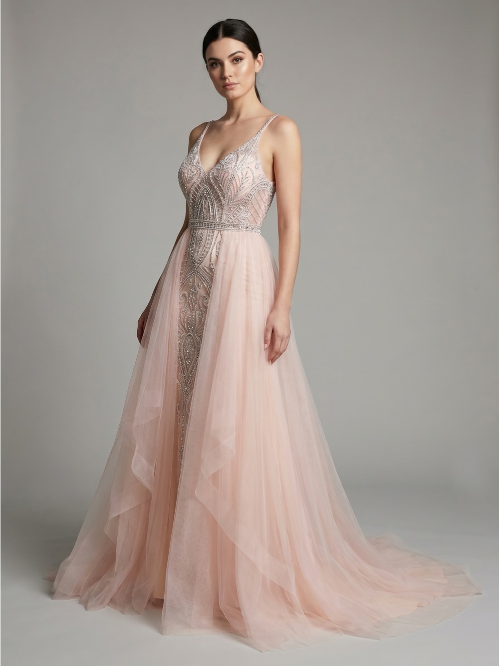 Fashion Nova Blush Pink Beaded Tulle Prom Gown